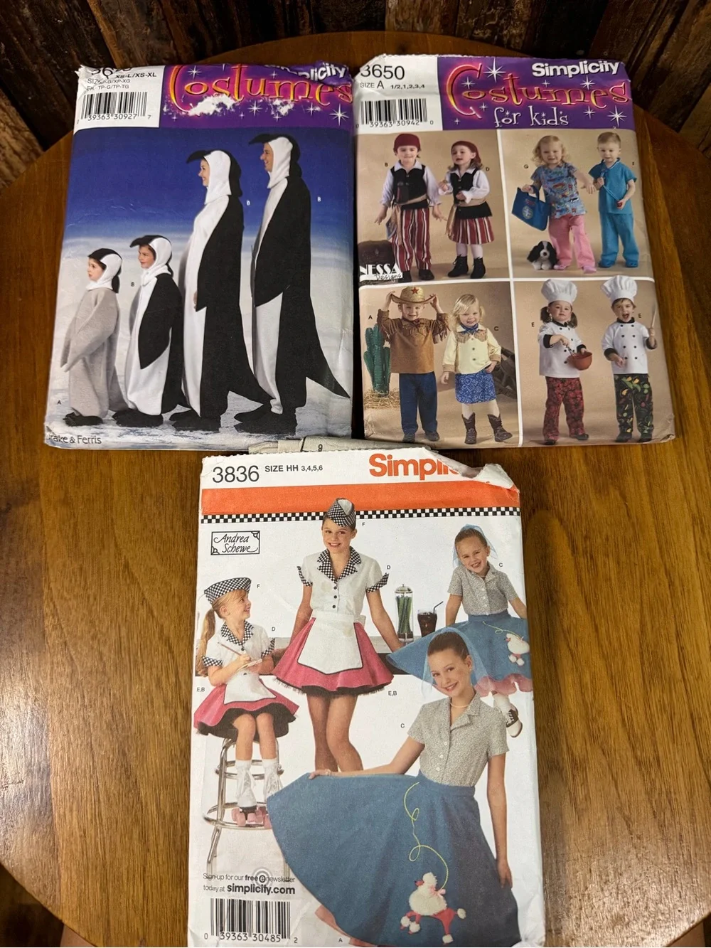 Lot of 3 Simplicity Kids Costume Patterns penguin poodle skirt chef cowboy